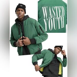 NEW WESC wasted youth logo print bomber jacket in green